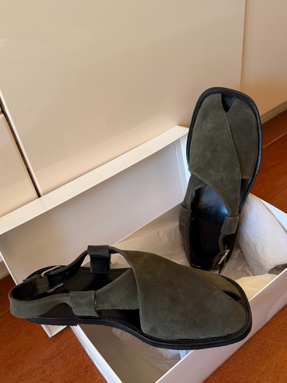 COS Olive Suede Crisscross Slingback Sandals
